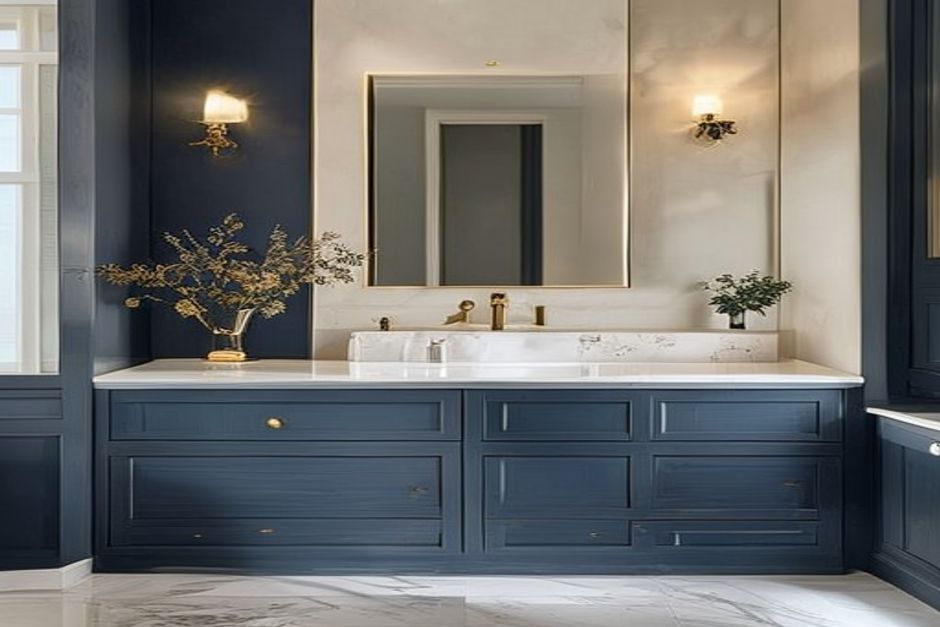 Navy vanity with brass fixtures