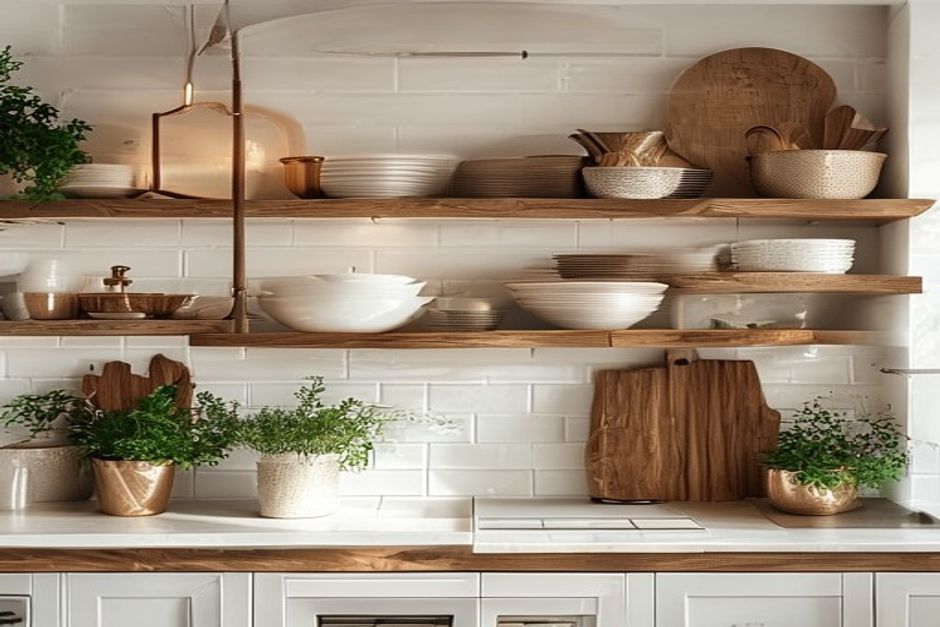 Open shelving on subway tile
