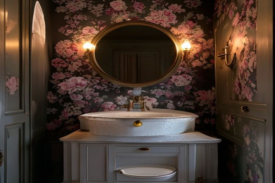 Powder room dark floral wallpaper